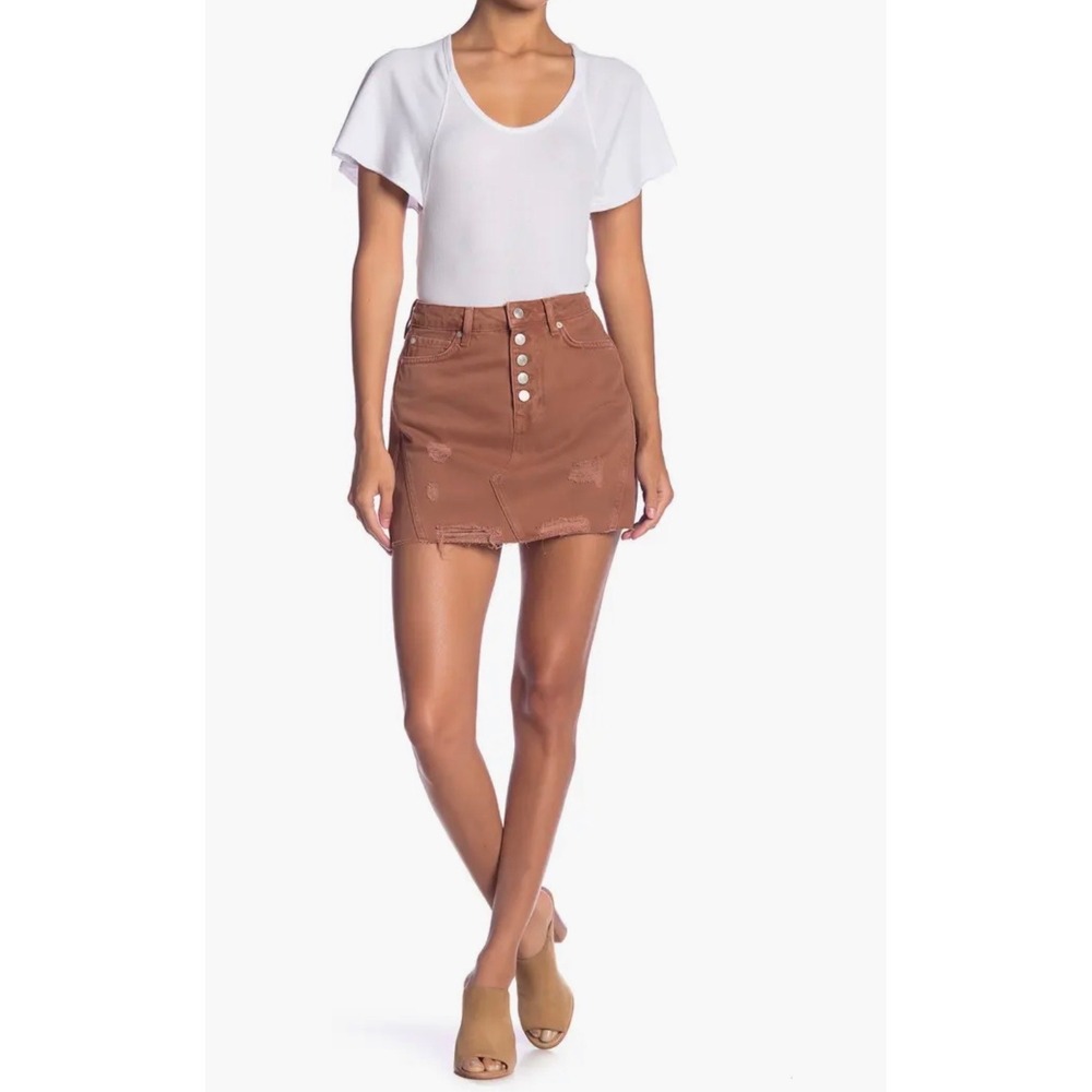 We The Free Free‎ People Rust Brown Distressed Denim Mini Skirt Button Fly 30